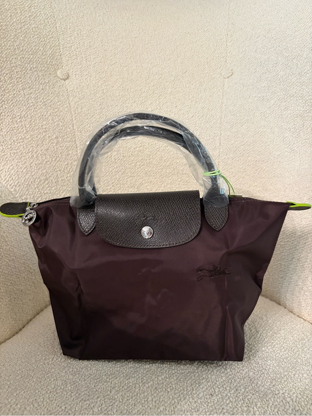 Longchamp le pliage Small Tote in Deep Plum with Black Trim